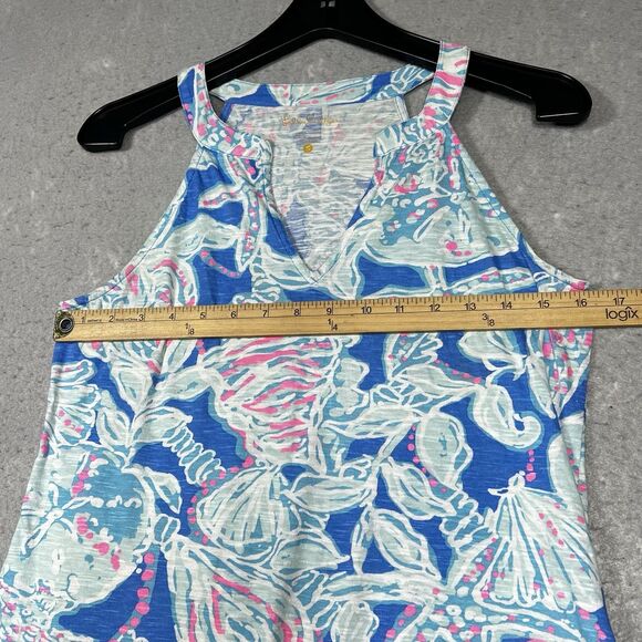Lilly Pulitzer Tank Top Size Small Arya Bay Blue Into The Deep Pink Shell Print - Picture 6 of 13
